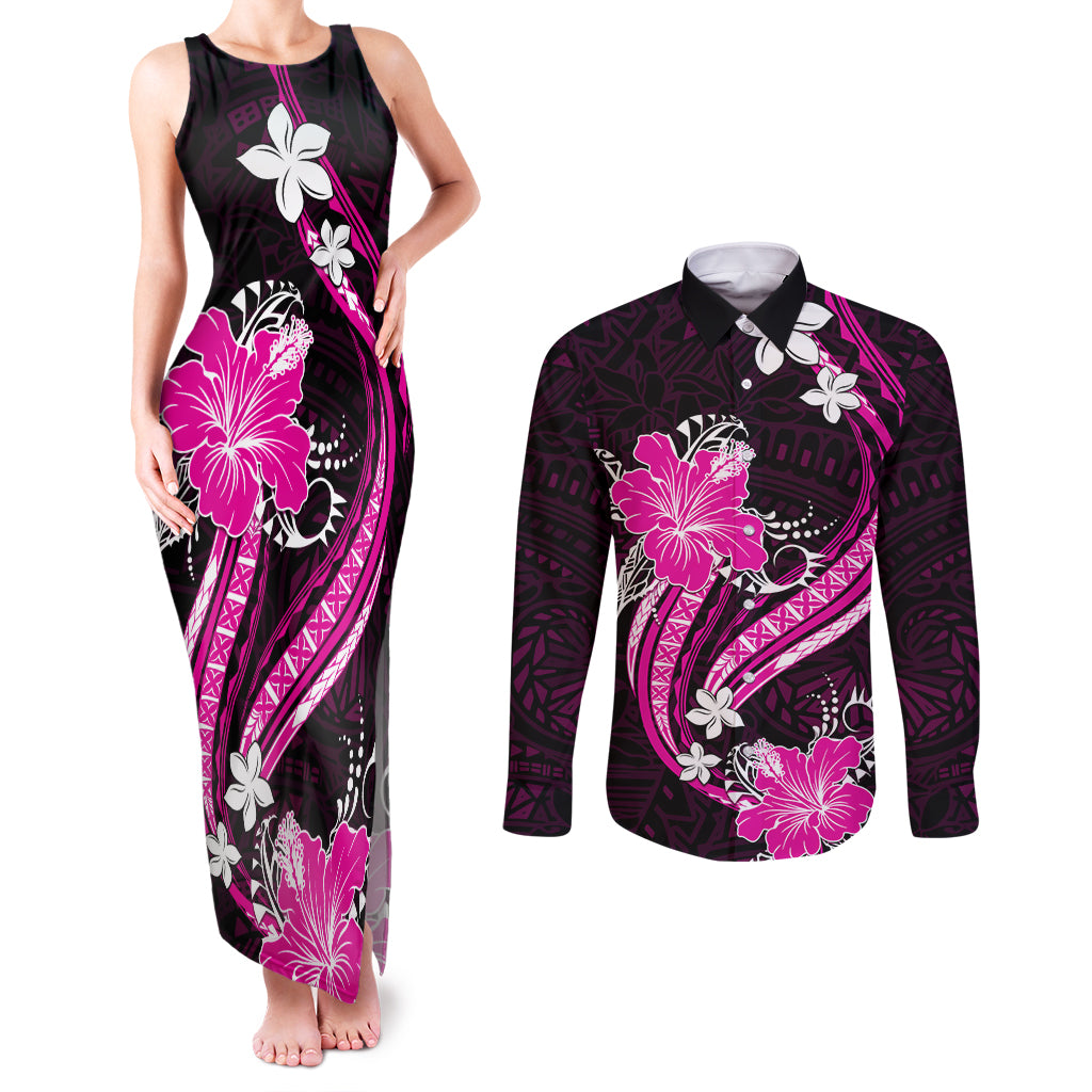 Pink Polynesian Pattern With Tropical Flowers Couples Matching Tank Maxi Dress and Long Sleeve Button Shirt LT05 Pink - Polynesian Pride