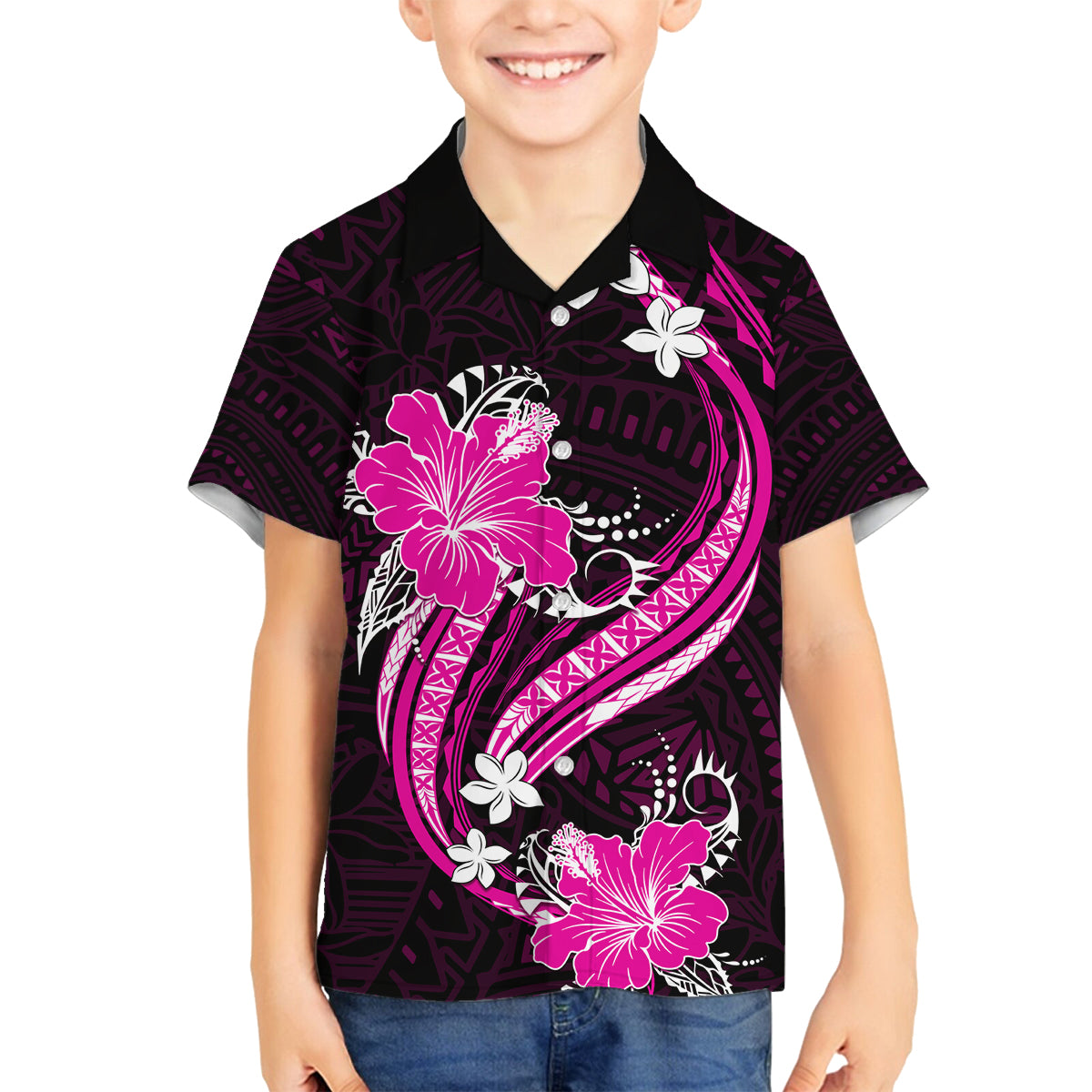 Pink Polynesian Pattern With Tropical Flowers Family Matching Long Sleeve Bodycon Dress and Hawaiian Shirt LT05 Son's Shirt Pink - Polynesian Pride