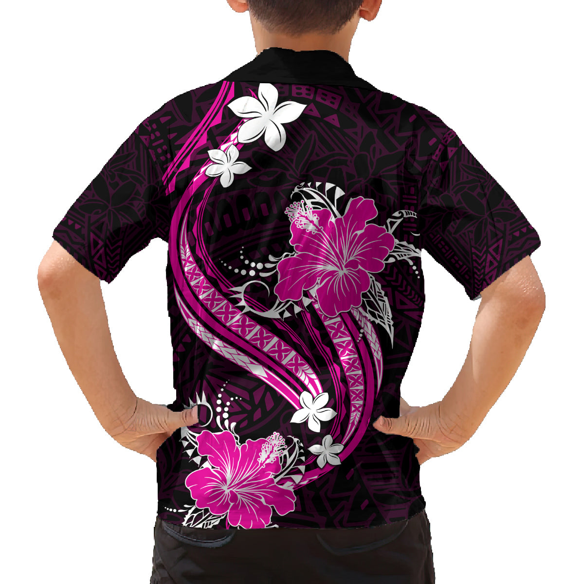 Pink Polynesian Pattern With Tropical Flowers Family Matching Off Shoulder Short Dress and Hawaiian Shirt LT05 - Polynesian Pride