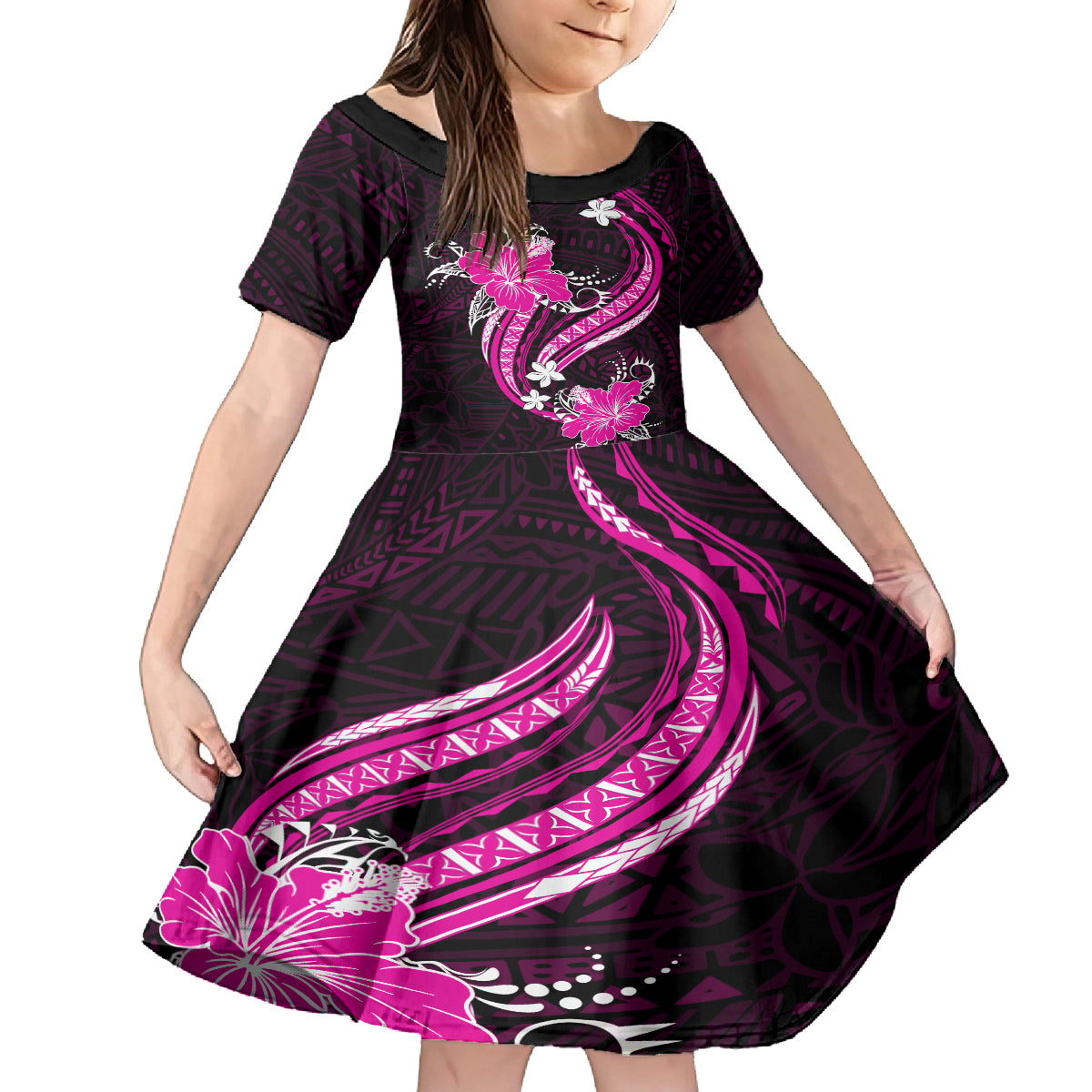 Pink Polynesian Pattern With Tropical Flowers Family Matching Off Shoulder Short Dress and Hawaiian Shirt LT05 Daughter's Dress Pink - Polynesian Pride