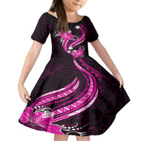 Pink Polynesian Pattern With Tropical Flowers Family Matching Off Shoulder Short Dress and Hawaiian Shirt LT05 Daughter's Dress Pink - Polynesian Pride