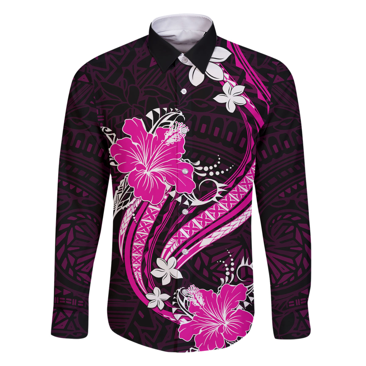 Pink Polynesian Pattern With Tropical Flowers Family Matching Short Sleeve Bodycon Dress and Hawaiian Shirt LT05 Dad's Shirt - Long Sleeve Pink - Polynesian Pride