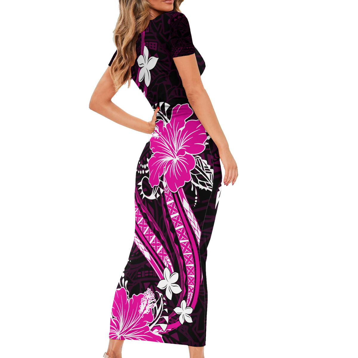 Pink Polynesian Pattern With Tropical Flowers Family Matching Short Sleeve Bodycon Dress and Hawaiian Shirt LT05 - Polynesian Pride