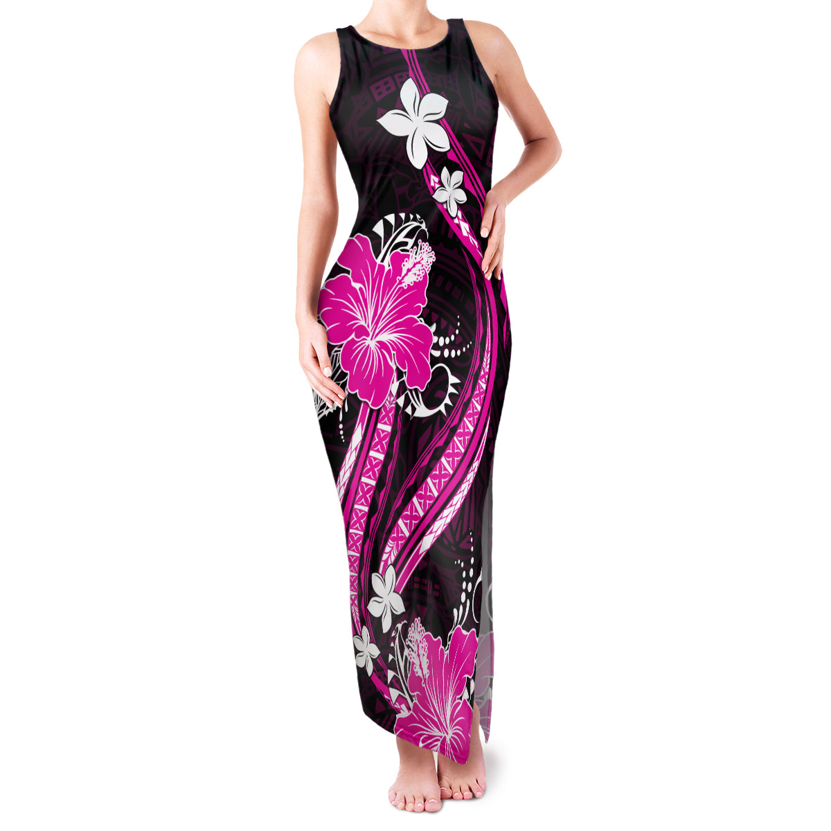 Pink Polynesian Pattern With Tropical Flowers Family Matching Tank Maxi Dress and Hawaiian Shirt LT05 Mom's Dress Pink - Polynesian Pride