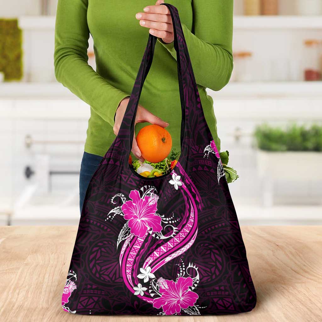 Pink Polynesian Pattern With Tropical Flowers Grocery Bag