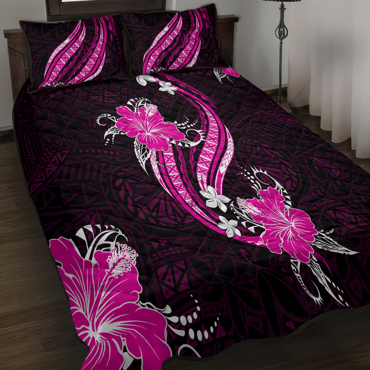 Pink Polynesian Pattern With Tropical Flowers Quilt Bed Set LT05 - Polynesian Pride