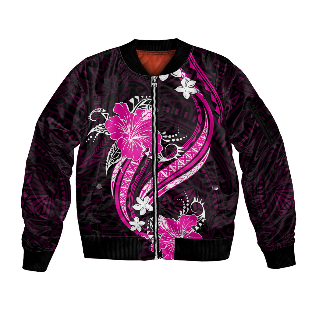 Pink Polynesian Pattern With Tropical Flowers Sleeve Zip Bomber Jacket LT05 Unisex Pink - Polynesian Pride