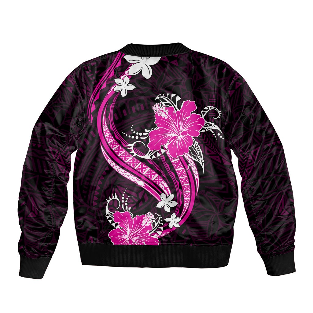 Pink Polynesian Pattern With Tropical Flowers Sleeve Zip Bomber Jacket LT05 - Polynesian Pride