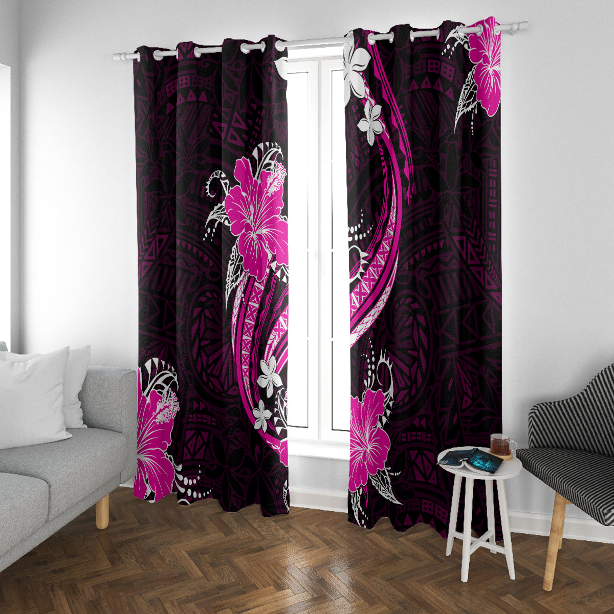 Pink Polynesian Pattern With Tropical Flowers Window Curtain LT05 With Grommets Pink - Polynesian Pride