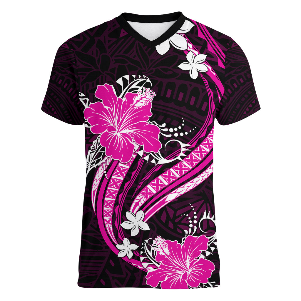 Pink Polynesian Pattern With Tropical Flowers Women V Neck T Shirt LT05 Female Pink - Polynesian Pride