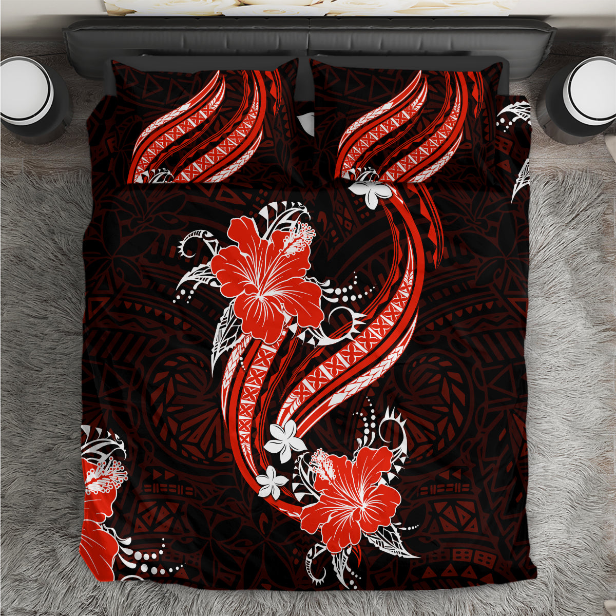 Red Polynesian Pattern With Tropical Flowers Bedding Set LT05 Red - Polynesian Pride