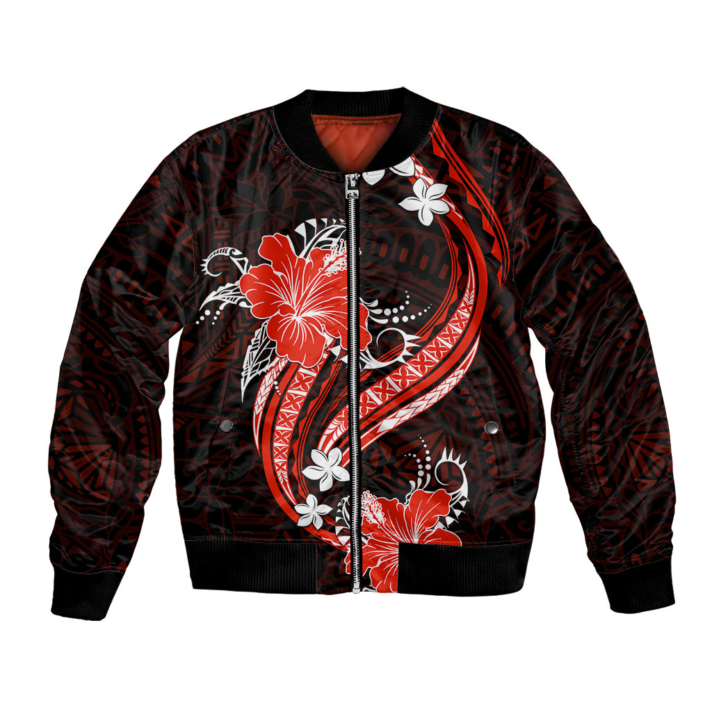 Red Polynesian Pattern With Tropical Flowers Bomber Jacket LT05 Unisex Red - Polynesian Pride