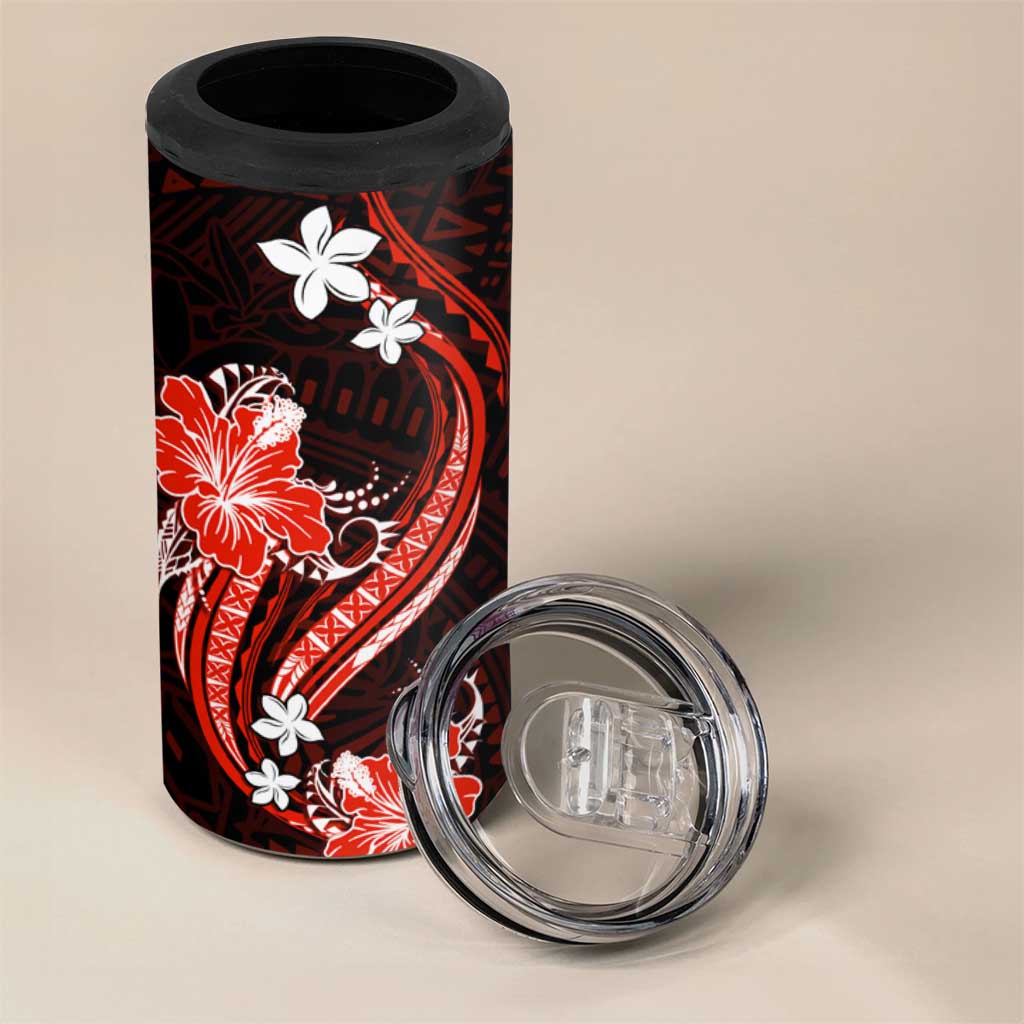 Red Polynesian Pattern With Tropical Flowers 4 in 1 Can Cooler Tumbler