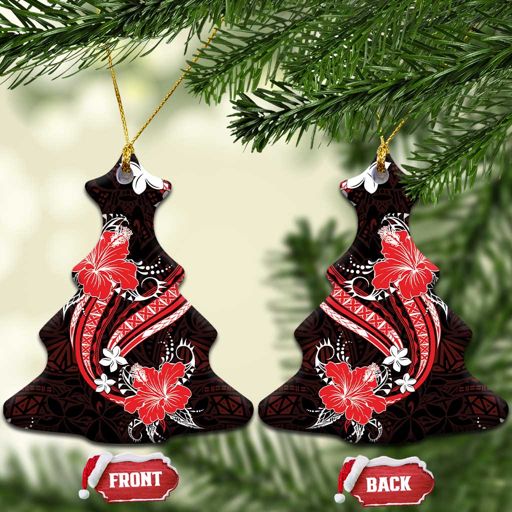 Red Polynesian Pattern With Tropical Flowers Ceramic Ornament