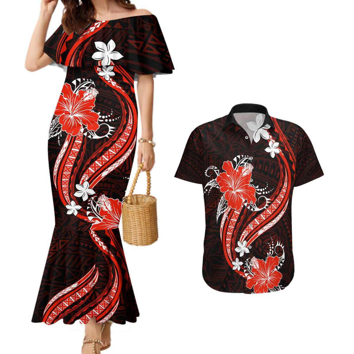 Red Polynesian Pattern With Tropical Flowers Couples Matching Mermaid Dress and Hawaiian Shirt LT05 Red - Polynesian Pride