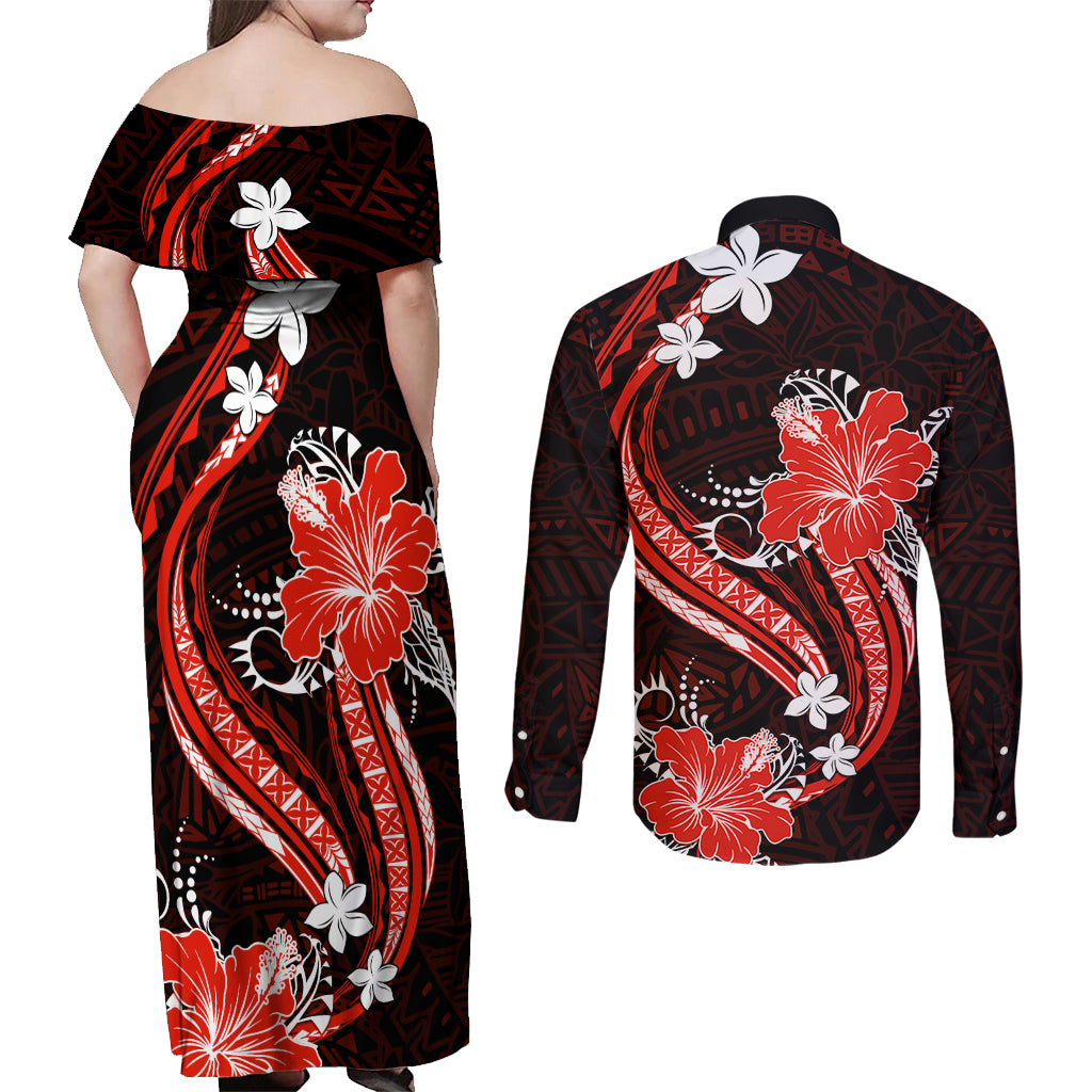 Red Polynesian Pattern With Tropical Flowers Couples Matching Off Shoulder Maxi Dress and Long Sleeve Button Shirt LT05 - Polynesian Pride
