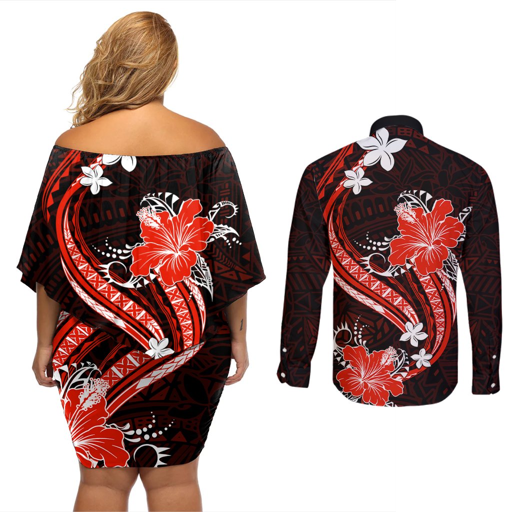 Red Polynesian Pattern With Tropical Flowers Couples Matching Off Shoulder Short Dress and Long Sleeve Button Shirt LT05 - Polynesian Pride