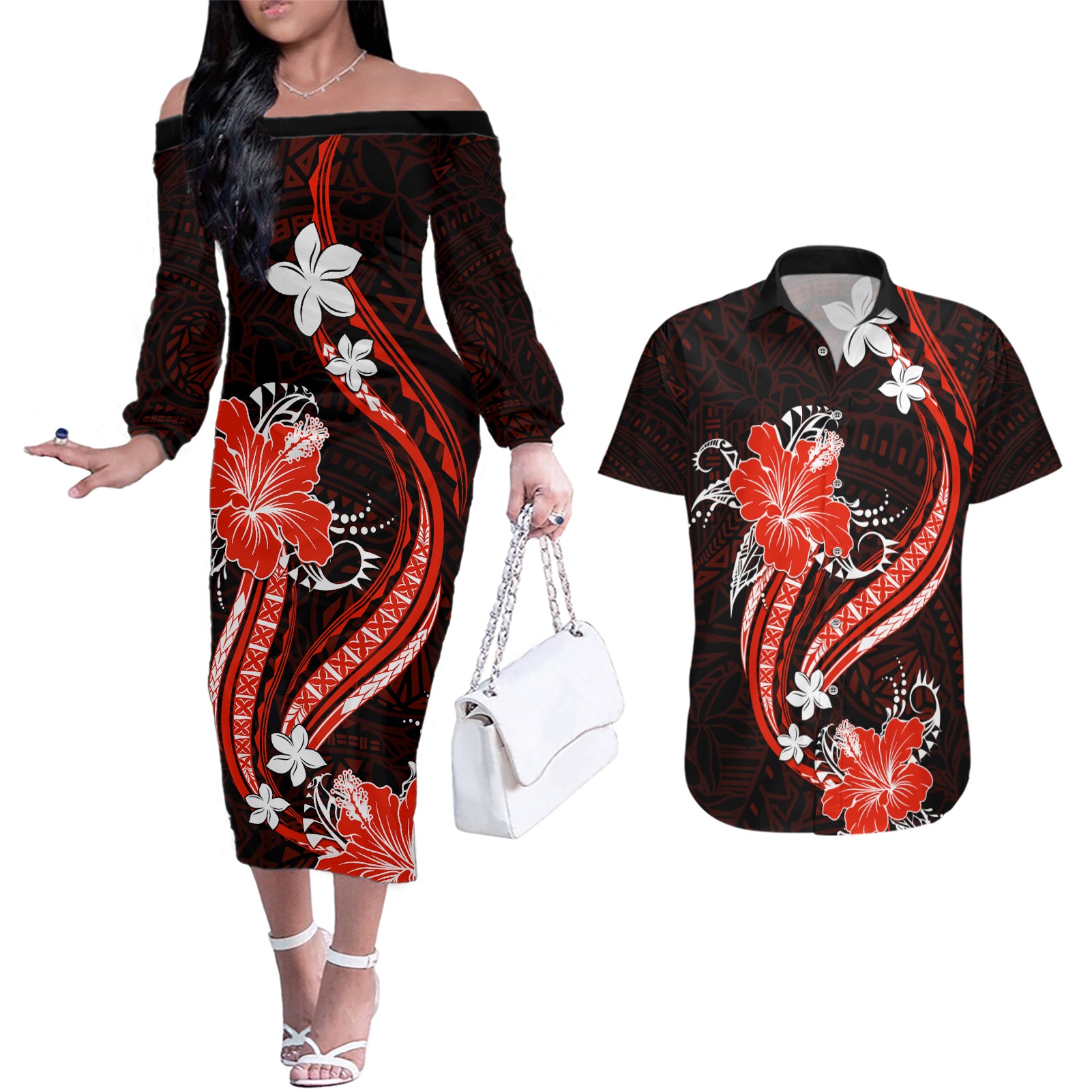 Red Polynesian Pattern With Tropical Flowers Couples Matching Off The Shoulder Long Sleeve Dress and Hawaiian Shirt LT05 Red - Polynesian Pride