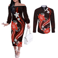 Red Polynesian Pattern With Tropical Flowers Couples Matching Off The Shoulder Long Sleeve Dress and Long Sleeve Button Shirt LT05 Red - Polynesian Pride