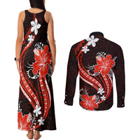 Red Polynesian Pattern With Tropical Flowers Couples Matching Tank Maxi Dress and Long Sleeve Button Shirt LT05 - Polynesian Pride