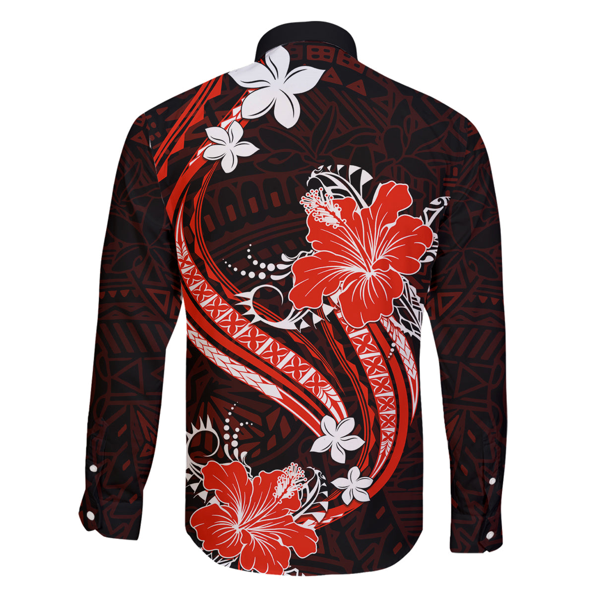 Red Polynesian Pattern With Tropical Flowers Family Matching Long Sleeve Bodycon Dress and Hawaiian Shirt LT05 - Polynesian Pride