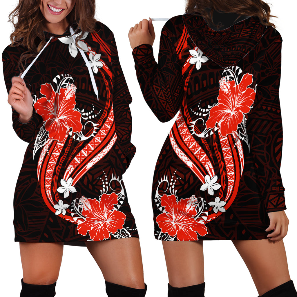 Red Polynesian Pattern With Tropical Flowers Hoodie Dress LT05 - Polynesian Pride