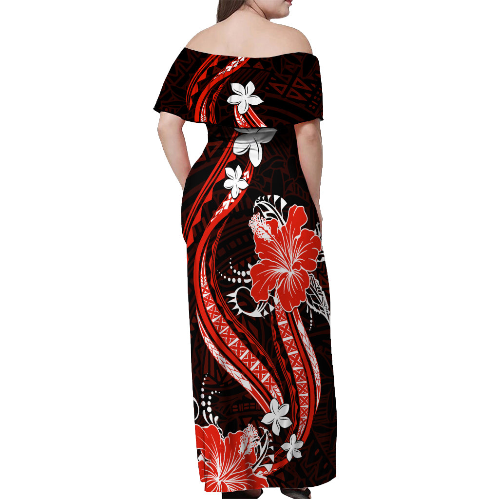 Red Polynesian Pattern With Tropical Flowers Off Shoulder Maxi Dress LT05 - Polynesian Pride