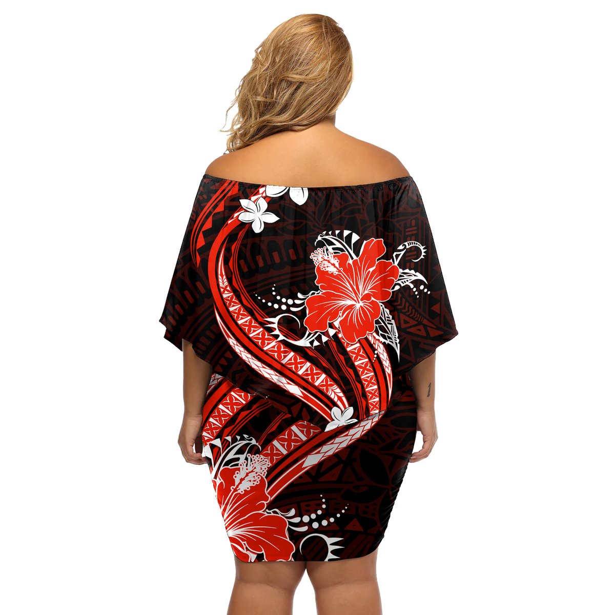 Red Polynesian Pattern With Tropical Flowers Off Shoulder Short Dress LT05 - Polynesian Pride