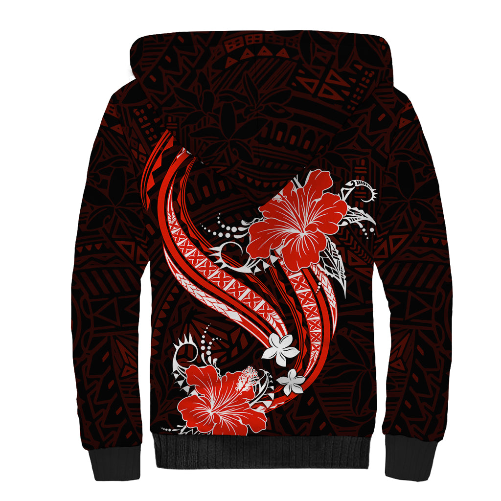 Red Polynesian Pattern With Tropical Flowers Sherpa Hoodie LT05 - Polynesian Pride
