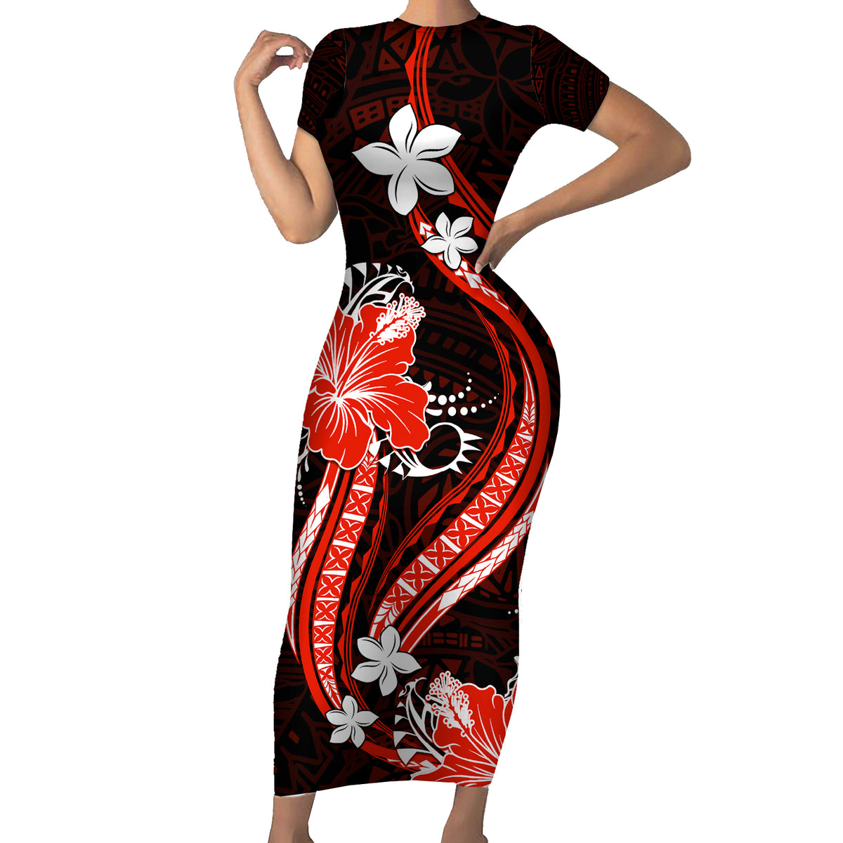 Red Polynesian Pattern With Tropical Flowers Short Sleeve Bodycon Dress LT05 Long Dress Red - Polynesian Pride