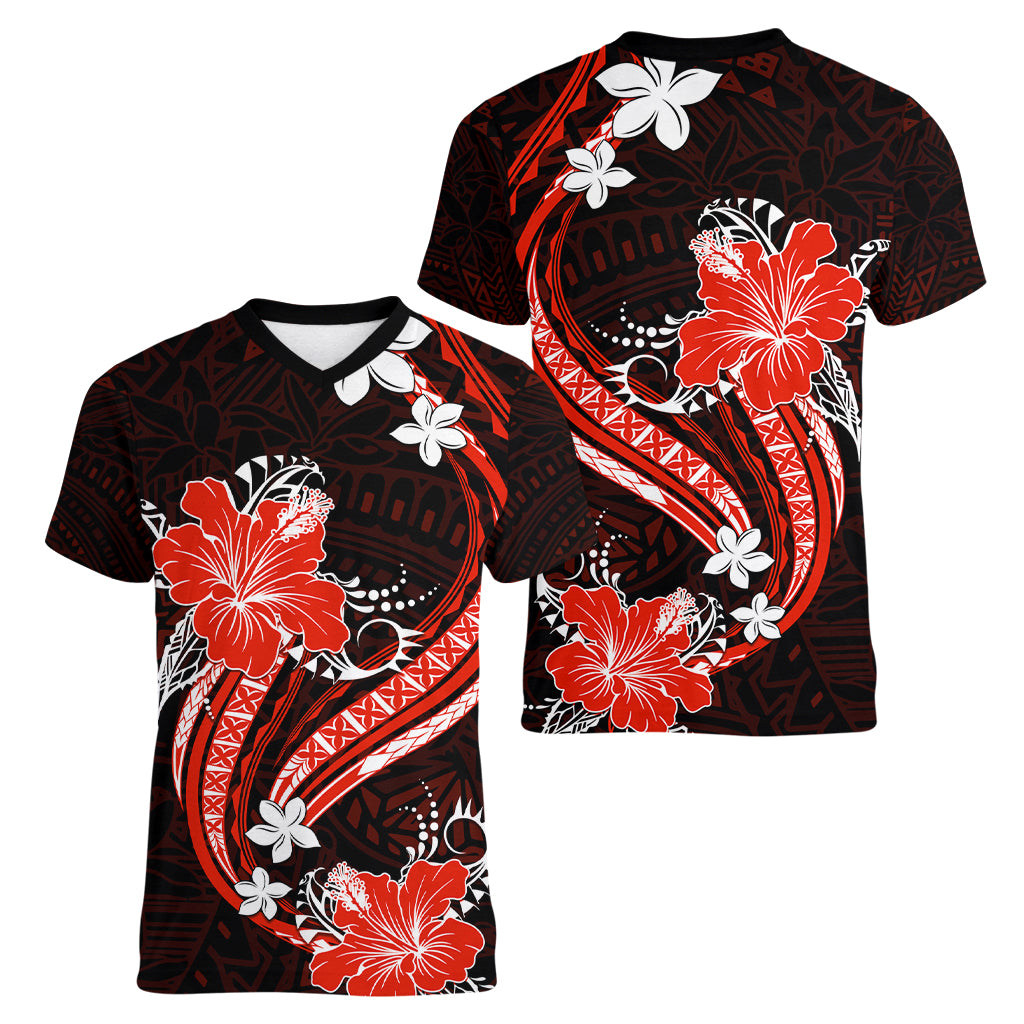 Red Polynesian Pattern With Tropical Flowers Women V Neck T Shirt LT05 - Polynesian Pride