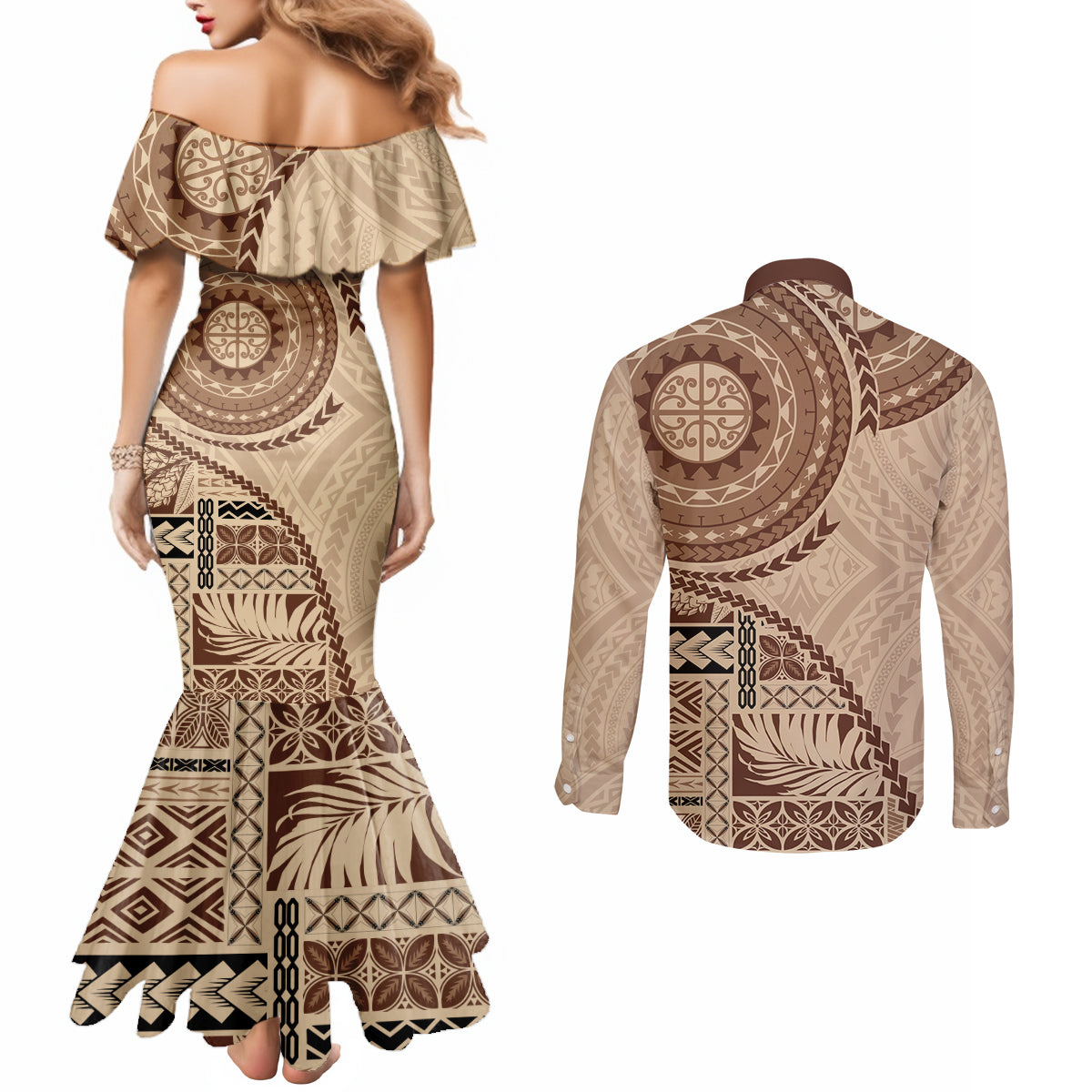 Samoa Siapo Pattern Simple Style Couples Matching Mermaid Dress and Long Sleeve Button Shirt LT05 - Polynesian Pride