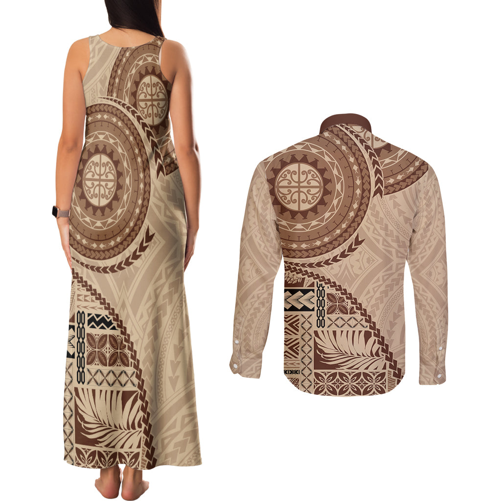 Samoa Siapo Pattern Simple Style Couples Matching Tank Maxi Dress and Long Sleeve Button Shirt LT05 - Polynesian Pride