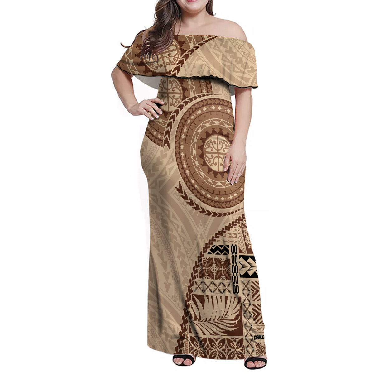 Samoa Siapo Pattern Simple Style Family Matching Off Shoulder Maxi Dress and Hawaiian Shirt LT05 Mom's Dress Brown - Polynesian Pride