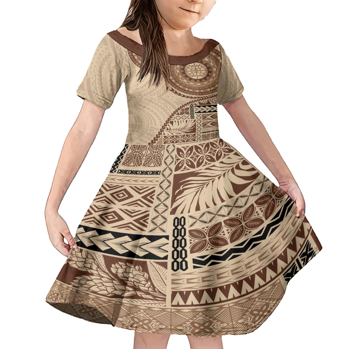 Samoa Siapo Pattern Simple Style Family Matching Tank Maxi Dress and Hawaiian Shirt LT05 Daughter's Dress Brown - Polynesian Pride