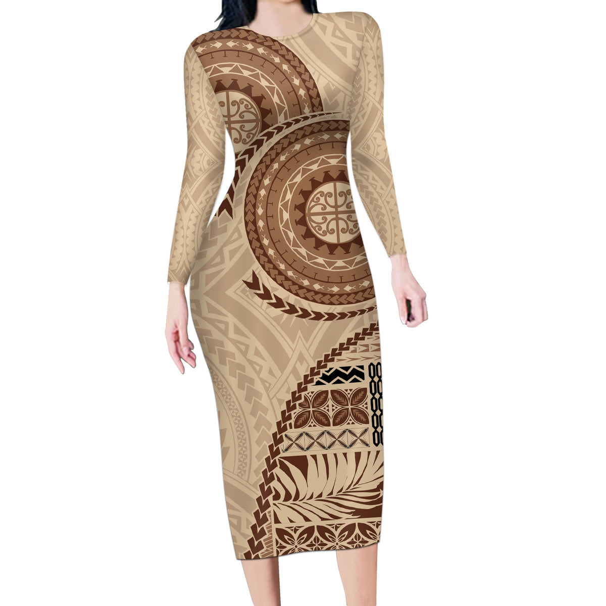 Samoa Siapo Pattern Simple Style Long Sleeve Bodycon Dress LT05 Long Dress Brown - Polynesian Pride