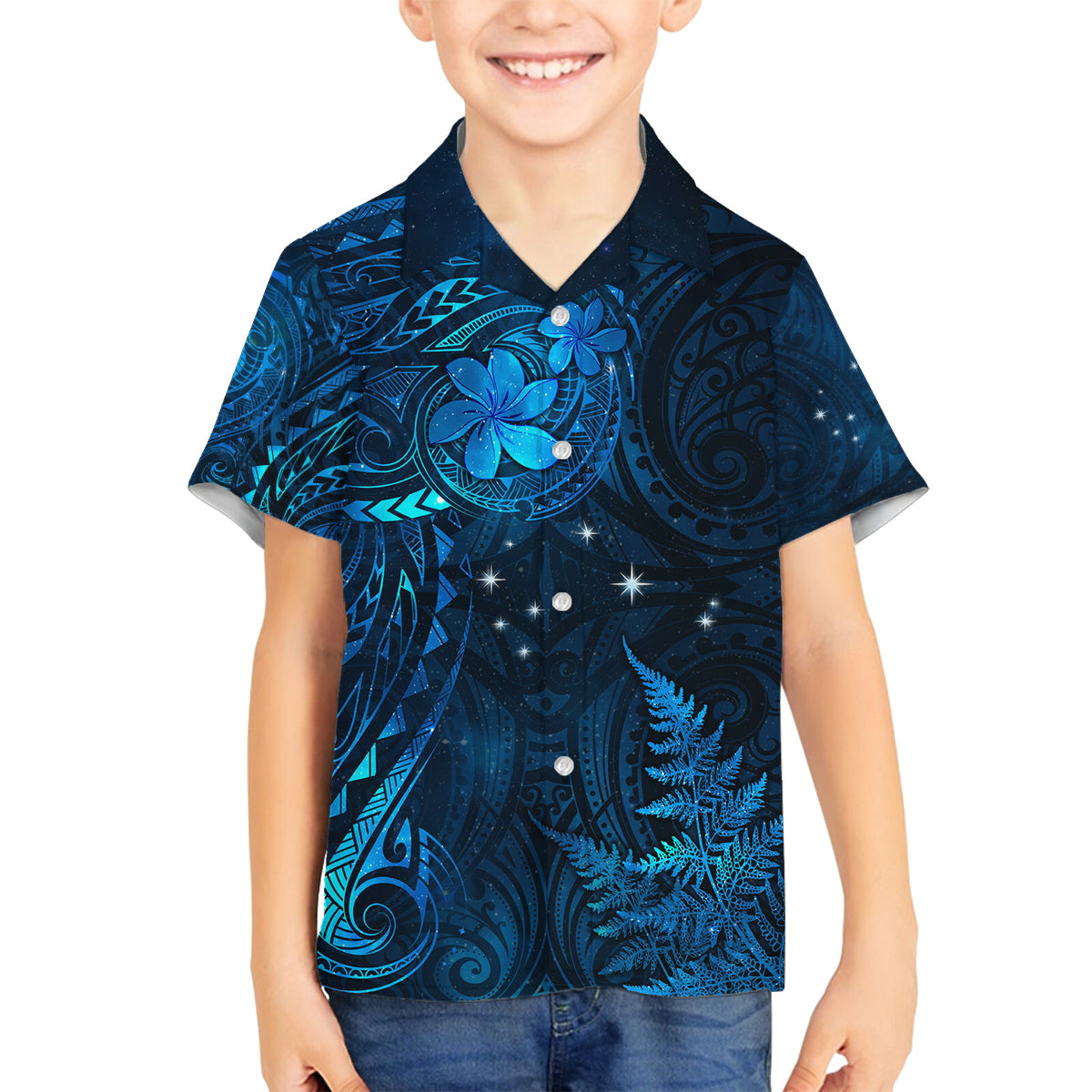 New Zealand Matariki Family Matching Off Shoulder Short Dress and Hawaiian Shirt Maori New Year LT05 Son's Shirt Blue - Polynesian Pride