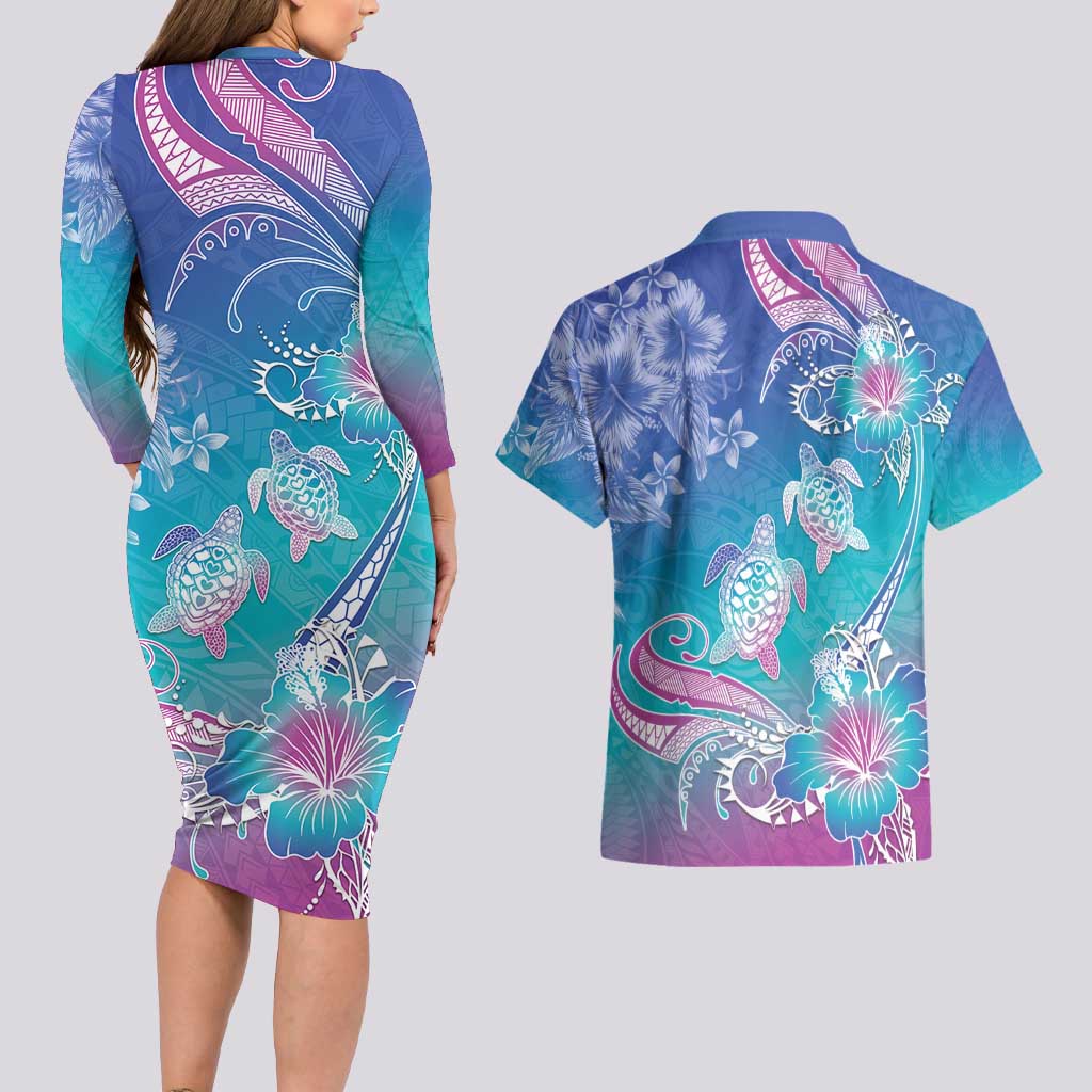 Polynesia Sea Turtle Couple Couples Matching Long Sleeve Bodycon Dress and Hawaiian Shirt Love Is Life