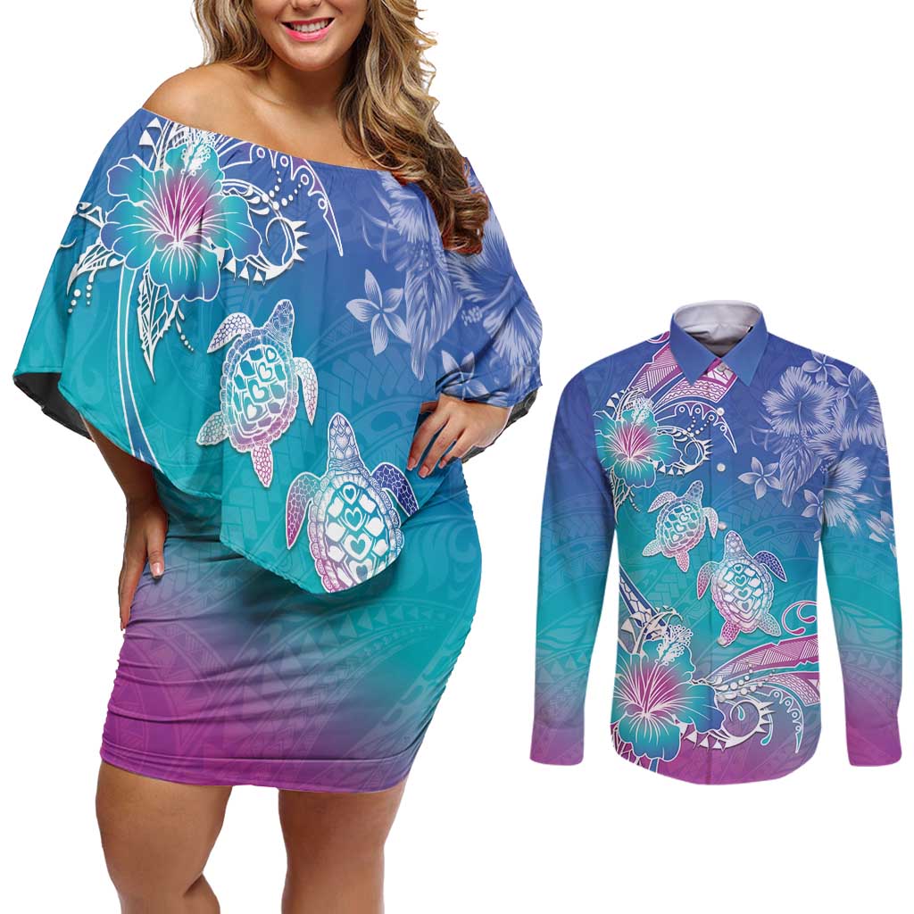 Polynesia Sea Turtle Couple Couples Matching Off Shoulder Short Dress and Long Sleeve Button Shirt Love Is Life LT05 Blue - Polynesian Pride