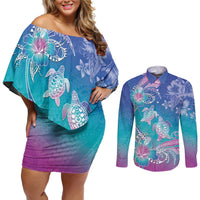 Polynesia Sea Turtle Couple Couples Matching Off Shoulder Short Dress and Long Sleeve Button Shirt Love Is Life LT05 Blue - Polynesian Pride