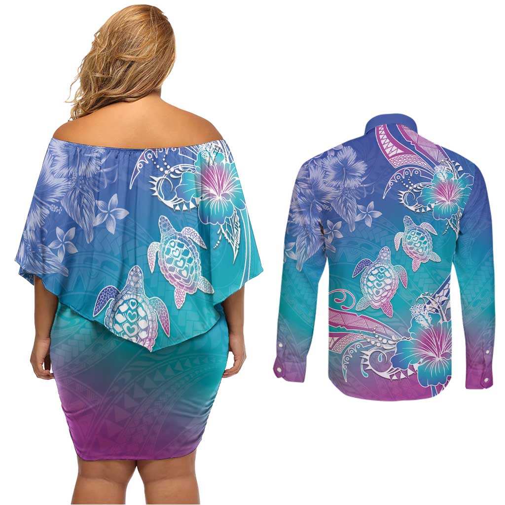 Polynesia Sea Turtle Couple Couples Matching Off Shoulder Short Dress and Long Sleeve Button Shirt Love Is Life LT05 - Polynesian Pride