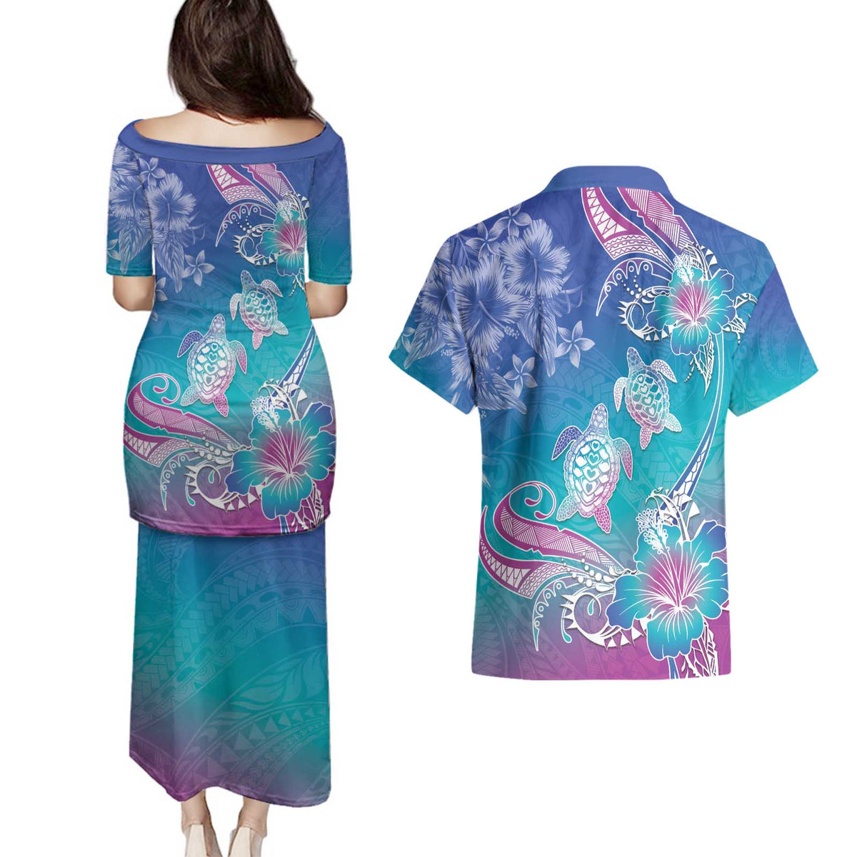 Polynesia Sea Turtle Couple Couples Matching Puletasi and Hawaiian Shirt Love Is Life