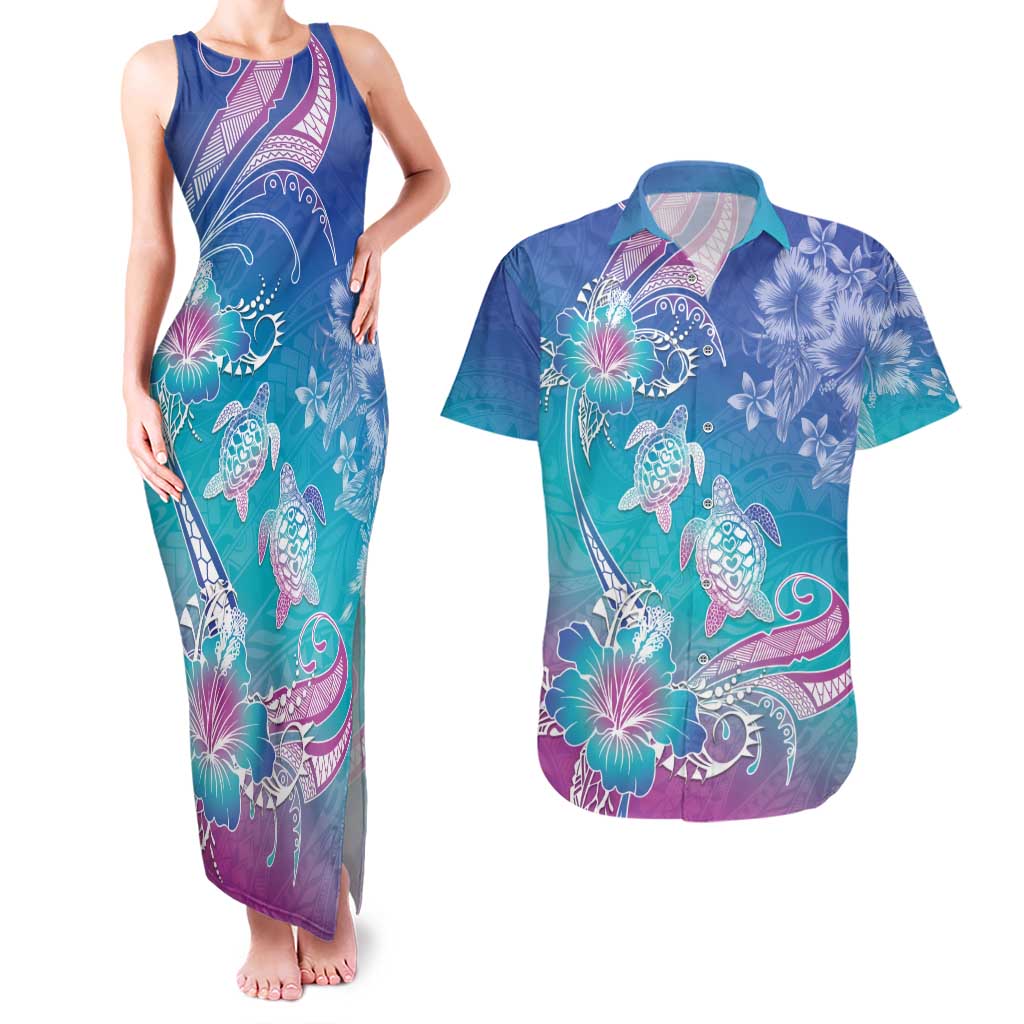 Polynesia Sea Turtle Couple Couples Matching Tank Maxi Dress and Hawaiian Shirt Love Is Life LT05 Blue - Polynesian Pride