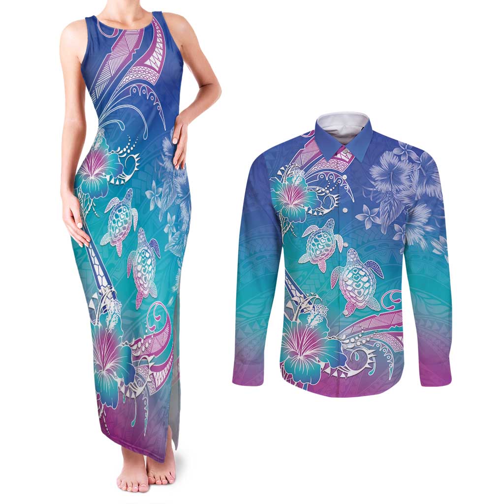 Polynesia Sea Turtle Couple Couples Matching Tank Maxi Dress and Long Sleeve Button Shirt Love Is Life LT05 Blue - Polynesian Pride