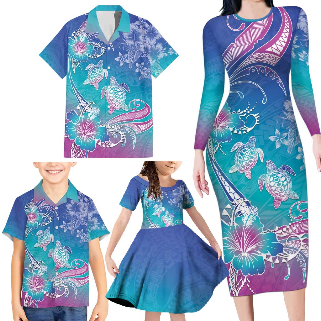 Polynesia Sea Turtle Couple Family Matching Long Sleeve Bodycon Dress and Hawaiian Shirt Love Is Life