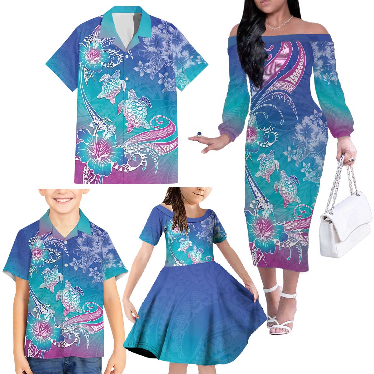 Polynesia Sea Turtle Couple Family Matching Off The Shoulder Long Sleeve Dress and Hawaiian Shirt Love Is Life