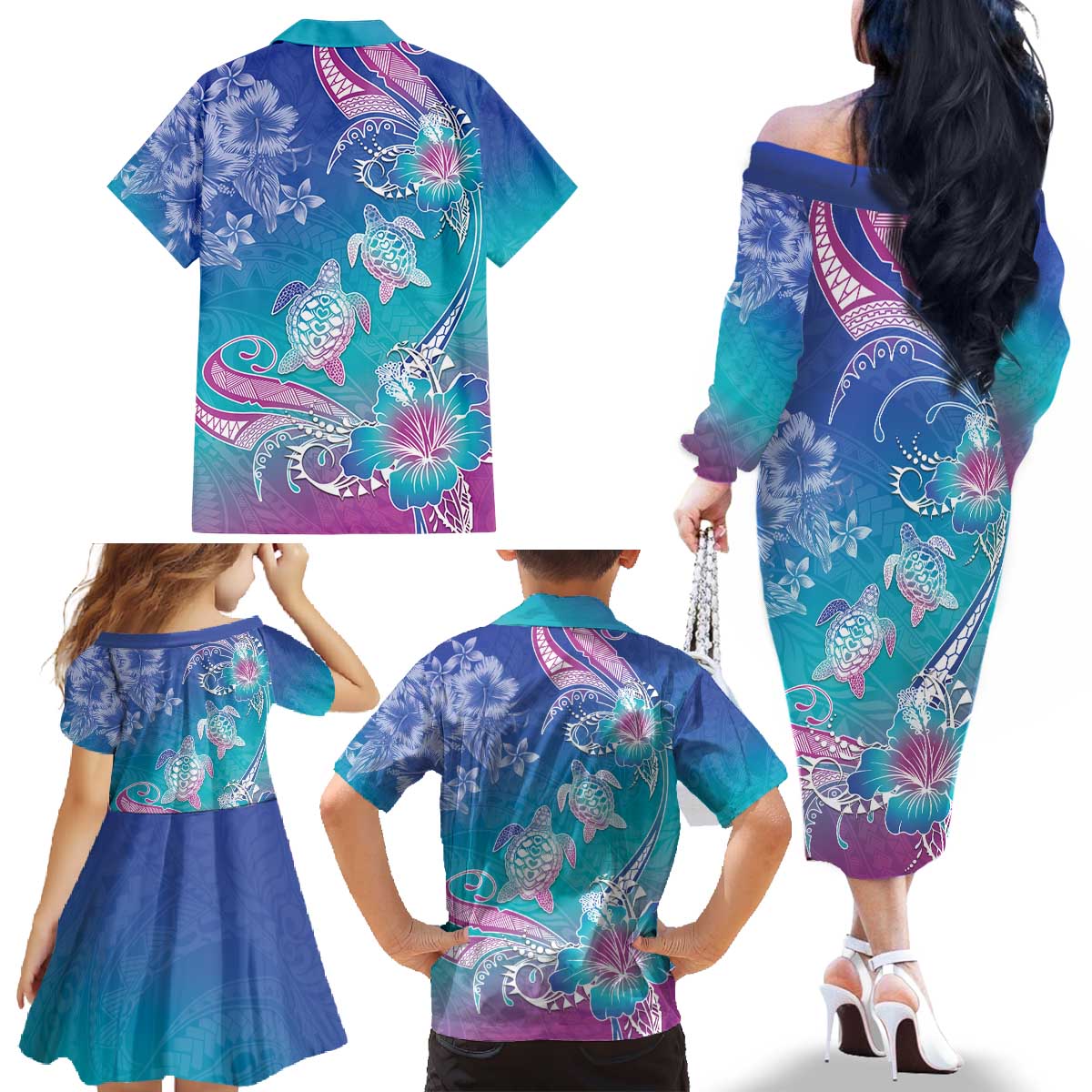 Polynesia Sea Turtle Couple Family Matching Off The Shoulder Long Sleeve Dress and Hawaiian Shirt Love Is Life