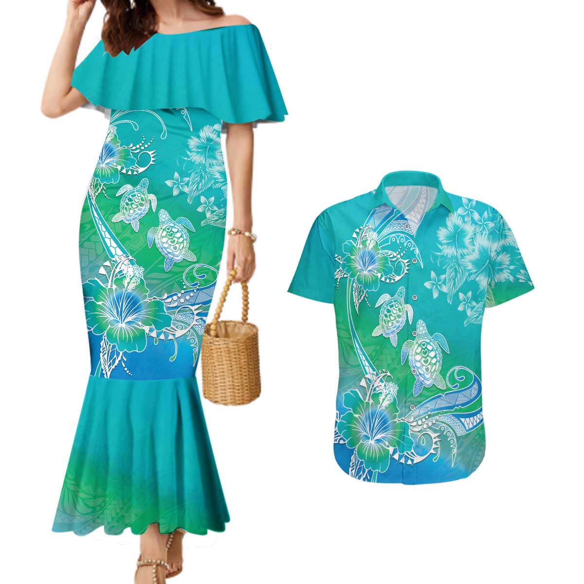 Polynesia Sea Turtle Couple Couples Matching Mermaid Dress and Hawaiian Shirt I Am Turtley In Love With You