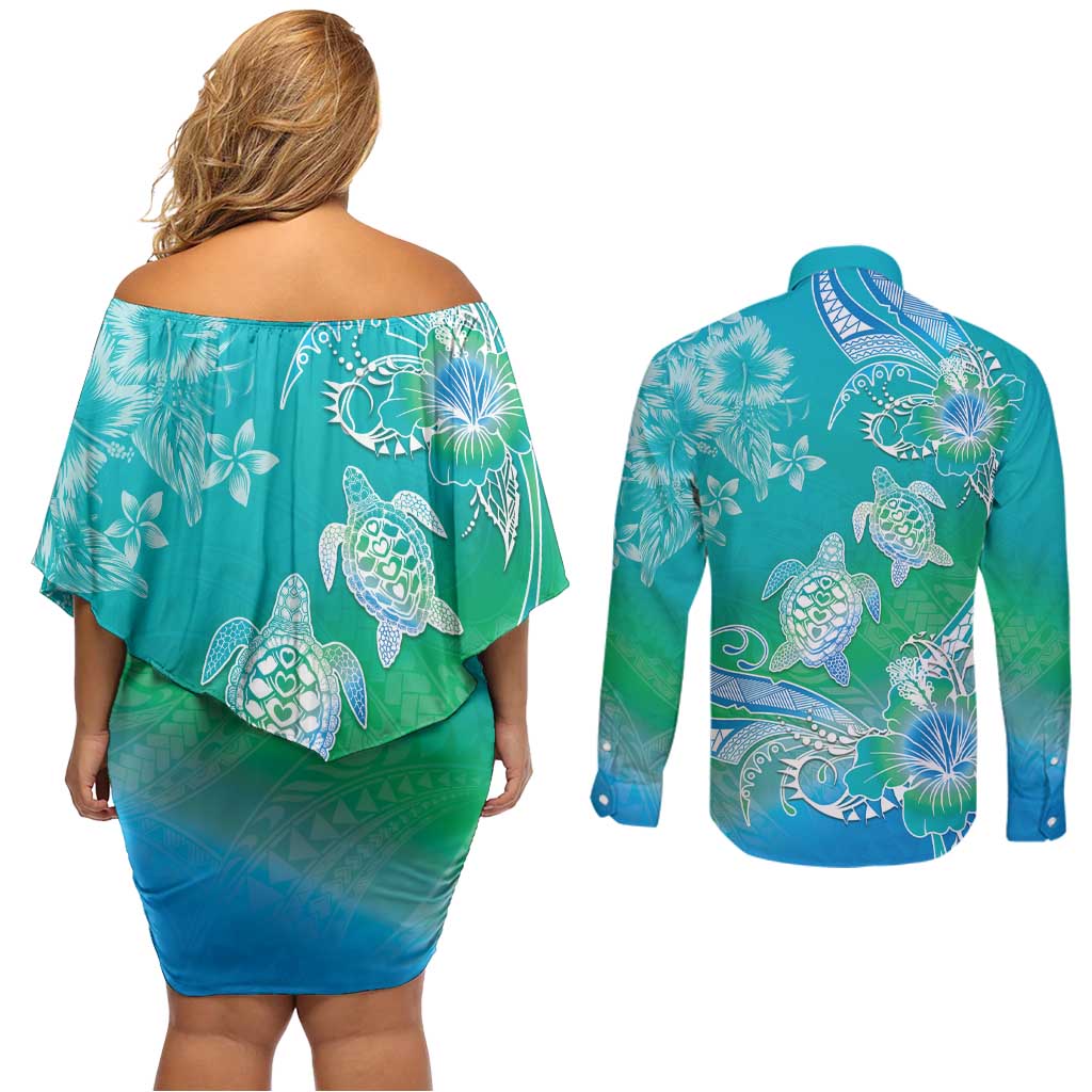 Polynesia Sea Turtle Couple Couples Matching Off Shoulder Short Dress and Long Sleeve Button Shirt I Am Turtley In Love With You