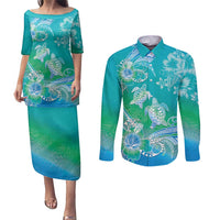 Polynesia Sea Turtle Couple Couples Matching Puletasi and Long Sleeve Button Shirt I Am Turtley In Love With You LT05 Turquoise - Polynesian Pride